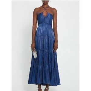 O.P.T. East Blue Satin Maxi Dress Tiered Ruffle Halter Ruched Bodice Small Glam